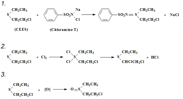 Chemical reactions between CEES and chloramine T. Note that nascent oxygen and Cl2 can be produced after chloramine T dissolves in water or ethanol, reacting with CEES.