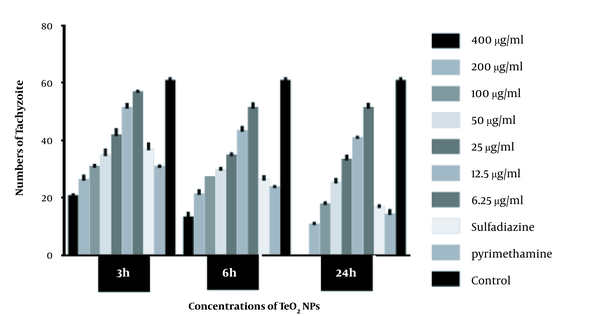 Exposure of different concentrations of nanoparticles to tachyzoites in 3, 6, 24 hours (Graph shows the standard deviation and mean and quantity is × 104). There was a significant difference between the control group and the other groups (P &lt; 0.05).