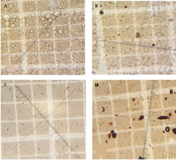 Optical microscope pictures of formulation A in the in-vivo method. A, at time zero; B, 1 hour after application; C, 2 h ‎after application; D, 4 h after application (magnification: 400X).