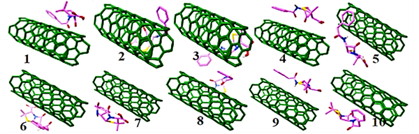 Ten stable structures generated based on the molecular docking calculations, penicillin (G) with single-layer CN due to their more negative binding energy than other cases (carbon: Green, penicillin (G): Pink)