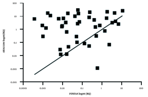 Linear regression analysis was performed to evaluate the correlation between the expression levels of the AK023391 lncRNA and FOXO3a genes in GC tumor tissues. The extent of mRNA expression is presented as log10 transformed values. The R and P values are presented for each analysis. RQ, relative quantification.