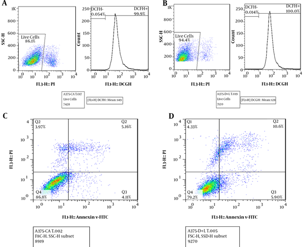 A, measurement of ROS levels after treatment of A375 cells with ciprofloxacin (100 μg/mL); B, measurement of ROS levels after treatment of A375 cells with ciprofloxacin (100 μg/mL) and low-power laser (2 J/cm2, 30s); C, measurement of apoptosis after treatment of A375 cells with ciprofloxacin without laser irradiation; D, measurement of apoptosis after treatment of A375 cells with ciprofloxacin and low-power laser.