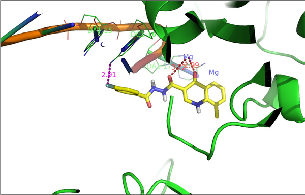 Compound 8b binding mode at the PFV IN active site (shown in yellow). (PDB 3OYA)