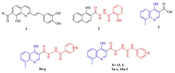 Structure of lead compounds (1, 2, and 3) and our designed structures (8a-g, 9a-c, and 10a-f)