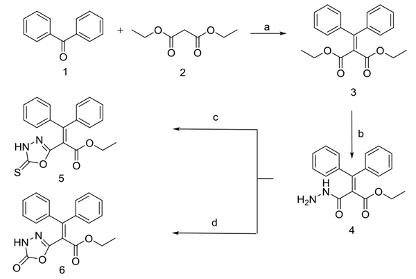 Synthetic method A; Reagents and conditions: A, TiCl4, dry pyridine, dry THF, rt, 48 h; B, NH2NH2.OH, DMF, rt, 18 h; C, KOH, CS2, DMF, 80°C, 48 h; D, CDI, triethylamine, dry THF, rt, 28 h.