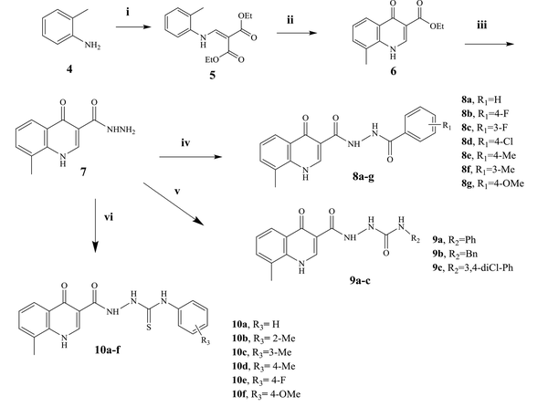 Reagents and conditions: (i) EMME, 125°C, 90 min; (ii) 2-chlorobenzoic acid, Ph2O, 250°C, 120 min; (iii) NH2NH2, DMF, rt; (iv) benzoyl chloride derivatives, Na2CO3, DMF, rt, 17 h; (v) phenyl isocyanate derivatives, dry DMF, rt, 4 h; (vi) phenyl isothiocyanate derivatives, dry DMF, rt, 24 h.