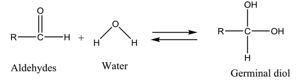 Addition of water molecule to the carbonyl functional group of aldehydes to form geminal diol
