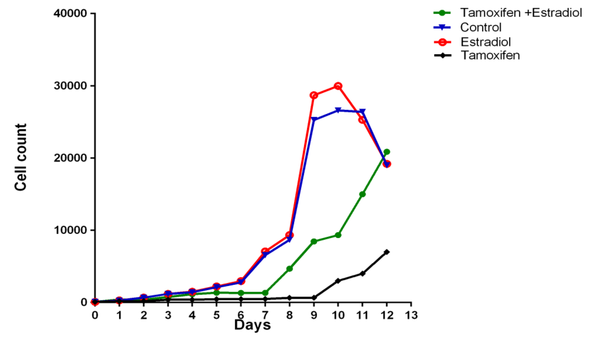Cell growth curves of the ZR-75-1 cell line in the absence and presence of Tamoxifen and estradiol alone or in combination at their EC50s concentrations.