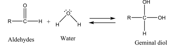 Addition of water molecule to the carbonyl functional group of aldehydes to form geminal diol