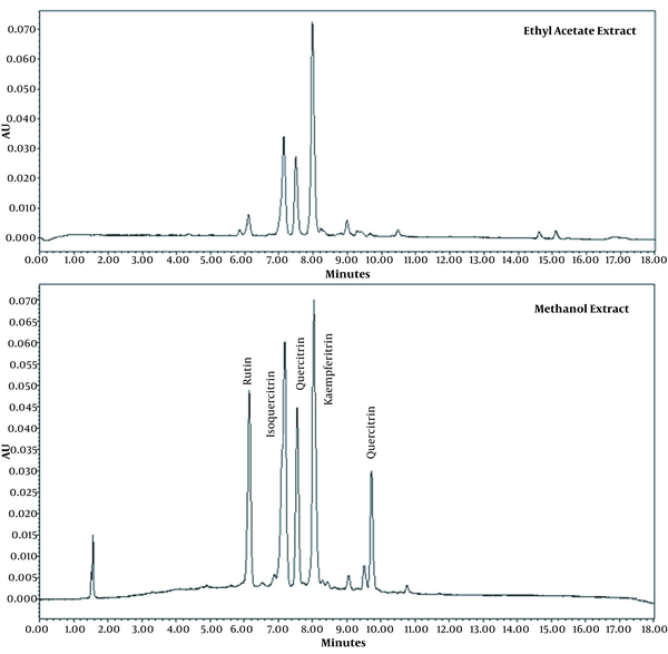 Chromatographic profile of Tilia americana var. mexicana ethyl acetate and methanolic extracts showing the presence of glycosides of quercetin (rutin, isoquercitrin, and quercitrin) and the aglycone quercetin, as well as a glycoside of kaempferol (kaempferitrin).