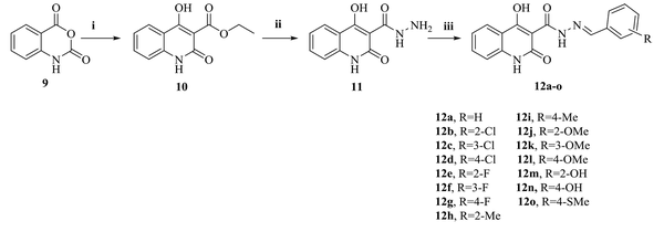 Reagents and conditions: (i) diethyl malonate, DMF, 85°C, 5 h; (ii) NH2NH2.OH, ethanol, reflux, 2 h; (iii) benzaldehyde derivatives, H2SO4, ethanol, reflux, 2 h.