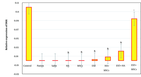 Relative DKK1 expression in different research groups [*, significant symptoms compared to the patient group; &, significant sign of the EXT + mesenchymal stem cells (MSCs) group].