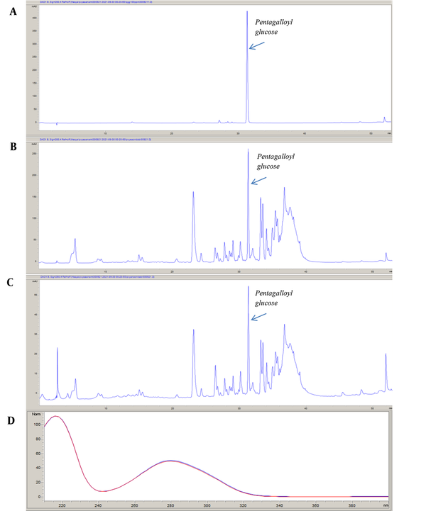 Chromatograms of 1,2,3,4,6-penta-O-galloyl-D-glucopyranose (PGG) (A), ethyl acetate subextract (B), and crude extract (C) and matching of spectra of the PGG peak in the crude extract and standard PGG (D) using reversed-phase high-performance liquid chromatography.