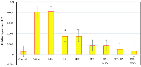 Relative FZ expression in different research groups [*, significant symptoms compared to the patient group; &, significant sign of the EXT + mesenchymal stem cells (MSCs) group].
