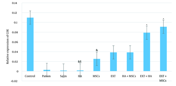 Relative GSK expression for different research groups [*, significant symptoms compared to the patient group; &, significant sign of the EXT + mesenchymal stem cells (MSCs) group; $, significant symptoms on EXT + hyaluronic acid (HA)].