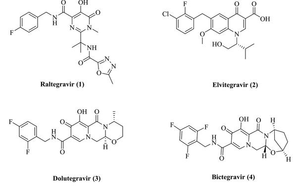 Chemical structure of FDA-approved INSTIs inhibitors (Raltegravir 1, Elvitegravir 2, Dolutegravir 3, and Bictegravir 4)