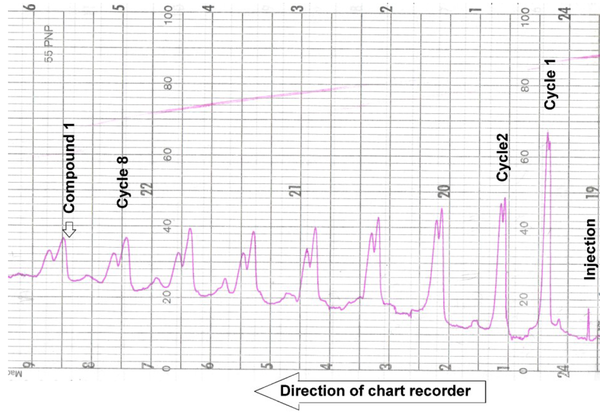 HPLC chromatogram of compound 1 in a closed-loop recycling HPLC system on semi-preparative YMC-Pack Sil (20 × 250 mm i.d), using hexane: Ethyl acetate (70: 30) coupled with RI detector on a chart recorder. From right to left, two peaks overlapped in cycle 1, but they were gradually resolved and separated after each cycle. Finally, after nine cycles from the injection, we collected the peaks.