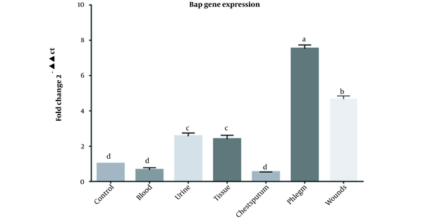Result of real-time PCR for the bap gene in Acinetobacter baumannii isolates in different clinical samples; A - D, Within a row, different superscripts indicate the differences between groups (P ≤ 0.05).