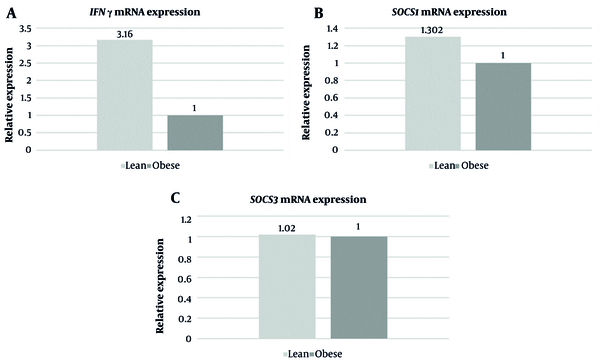 A, mRNA expression of interferon gamma (IFN-γ) (fold change); B, mRNA expression of suppressors of cytokine signaling (SOCS1) (fold change); C, mRNA expression of SOCS3 (fold change) in lean and obese patients with T2DM.