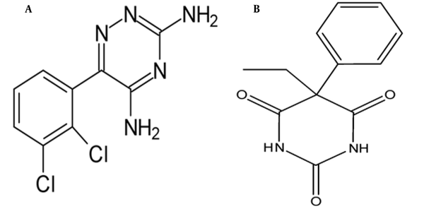 The chemic structures of A, lamotrigine; and B, phenobarbital