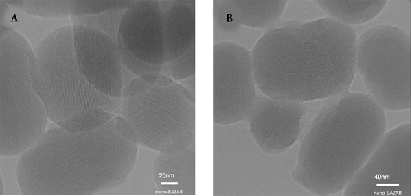 Transmission electron microscopy images of A, mesoporous silica nanoparticle (MSN) and; B, MSN-S-S-poly(N-isopropylacrylamide) (PNIPAM)