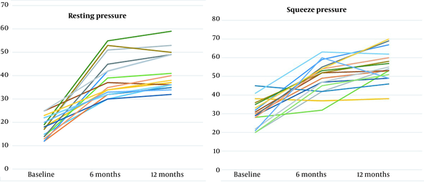 (A) Mean rest pressures during anorectal manometry at the baseline (before) and 6 and 12 months after surgery. (B) Mean squeeze pressures during anorectal manometry at the baseline (before) and 6 and 12 months after surgery.