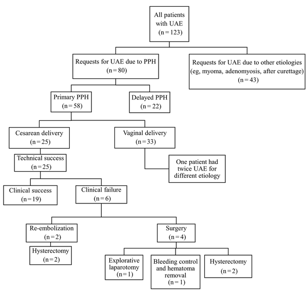 Clinical outcomes of uterine arterial embolization (UAE) in patients with postpartum hemorrhage (PPH)