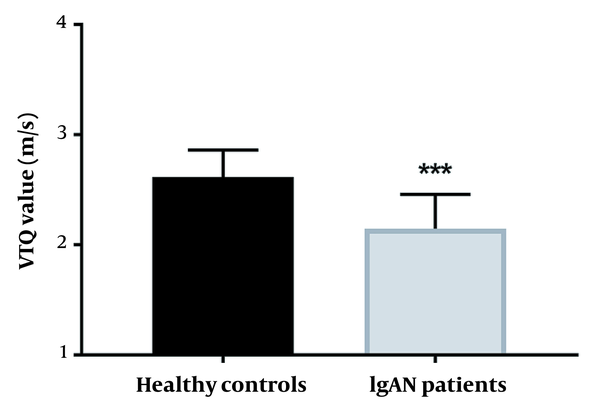 Comparison of virtual touch quantification (VTQ) values between the control group and immunoglobulin A nephropathy (IgAN) patients (*** P &lt; 0.001).