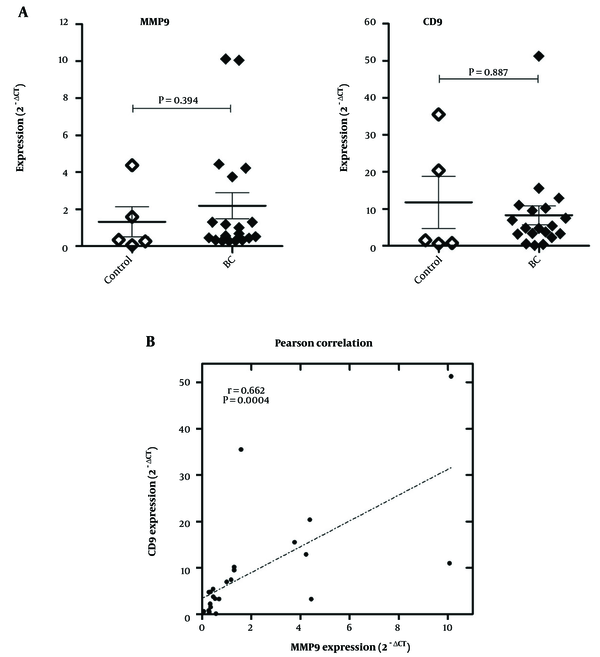 A, Comparative expression of matrix metalloproteinase 9 (MMP9) and motility-related protein-1 (MRP-1/CD9) in breast carcinoma (BC, n = 19) and healthy breast (control, n = 5) tissues. Comparisons between the groups were drawn by the Mann-Whitney test; B, Pearson correlation between expression of MMP9 and CD9 in BC and healthy breast tissues.
