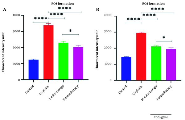 Effect of mitochondrial transplantation on cisplatin-induced ROS production. Evaluation of low and high mitochondria administration (A) and the difference between female and male mitochondria administration (B). Values were presented as mean ± SD (n = 3). **** (P < 0.0001) significant difference vs. indicated groups. * Significant difference between two mitotherapy groups (P < 0.05).