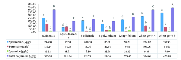 The statistical comparison of the concentration of each polyamine in seven treatments separately. Mean ± SD values (n = 3), followed by the same letter on columns for each treatment (each polyamine), have no significant differences in P ≤ .05 by ANOVA.