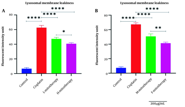 Effect of mitochondrial transplantation on lysosomal membrane leakiness. Comparison of low and high mitochondria administration (A) and the difference between male and female mitochondria administration (B). Values were presented as mean ± SD (n = 3). **** Significant differences vs. indicated groups (P < 0.0001). ** Significant difference between two mitotherapy groups (P < 0.01). * Significant difference between two mitotherapy groups (P < 0.05).