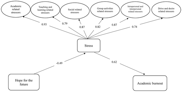 Final modified model of the mediating role of stress in the relationships between hope for the future and academic burnout