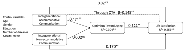 Standardized solutions for the structural model of intergenerational accommodation and non-accommodation communication, optimism toward aging, and elderly’s life satisfaction
