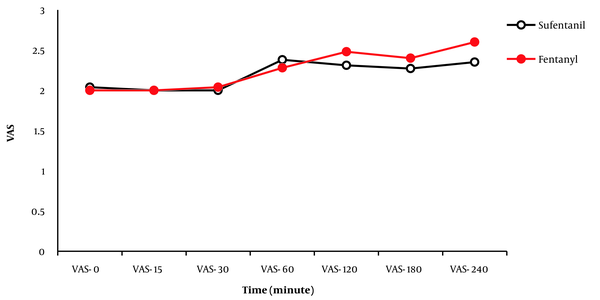 Pain score changes (Visual Analog Scale (VAS)) from 0 hours (recovery) to the 240th minute in the 2 groups