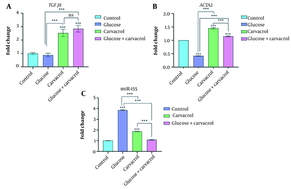 Relative gene expression of (A) TGFβ1, (B) ACTA2, and (C) miR-155, measured by real-time PCR in non-treated, grown at the high-glucose environment, carvacrol-treated and high-glucose-grown carvacrol-treated groups after 24 h (ns, nonsignificant; ***P < 0.001). Abbreviation: PCR, polymerase chain reaction.