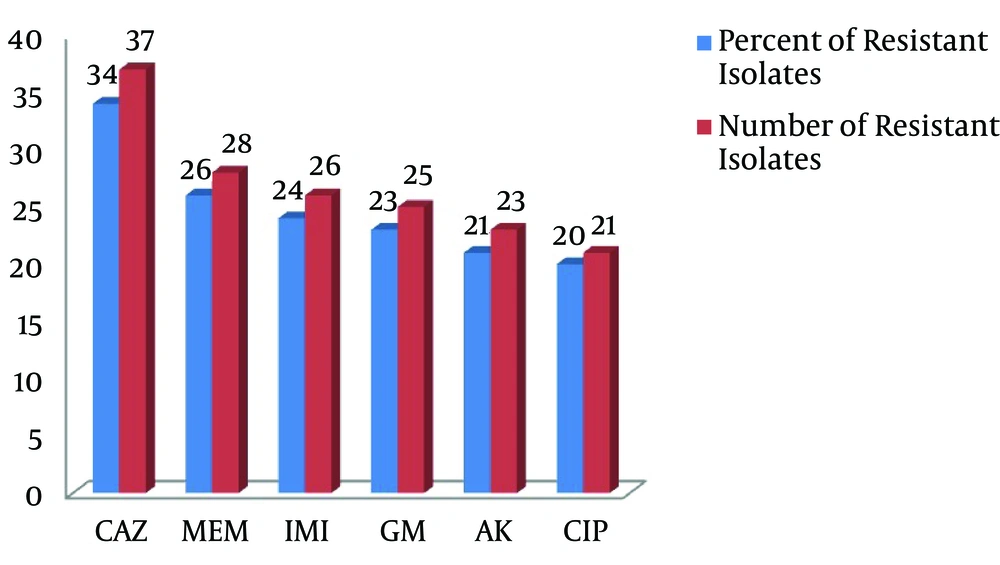 The Antibiotic Sensitivity Pattern (Number and Percentage of Resistant Isolates) of <i>P. aeruginosa</i> Isolates, Obtained by the Disk Diffusion Method Gentamicin (GM), ceftazidim (CAZ), ciprofloxacin (CIP), amikacin (AK), meropenem (MEM), imipenem (IMI).