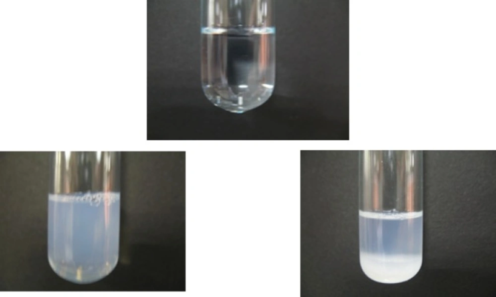 Appearance of nanoemulsion formulations following <i>a</i>) 9 months storage at 4 °C, and <i>b,c</i>) 12 months storage at 40 °C