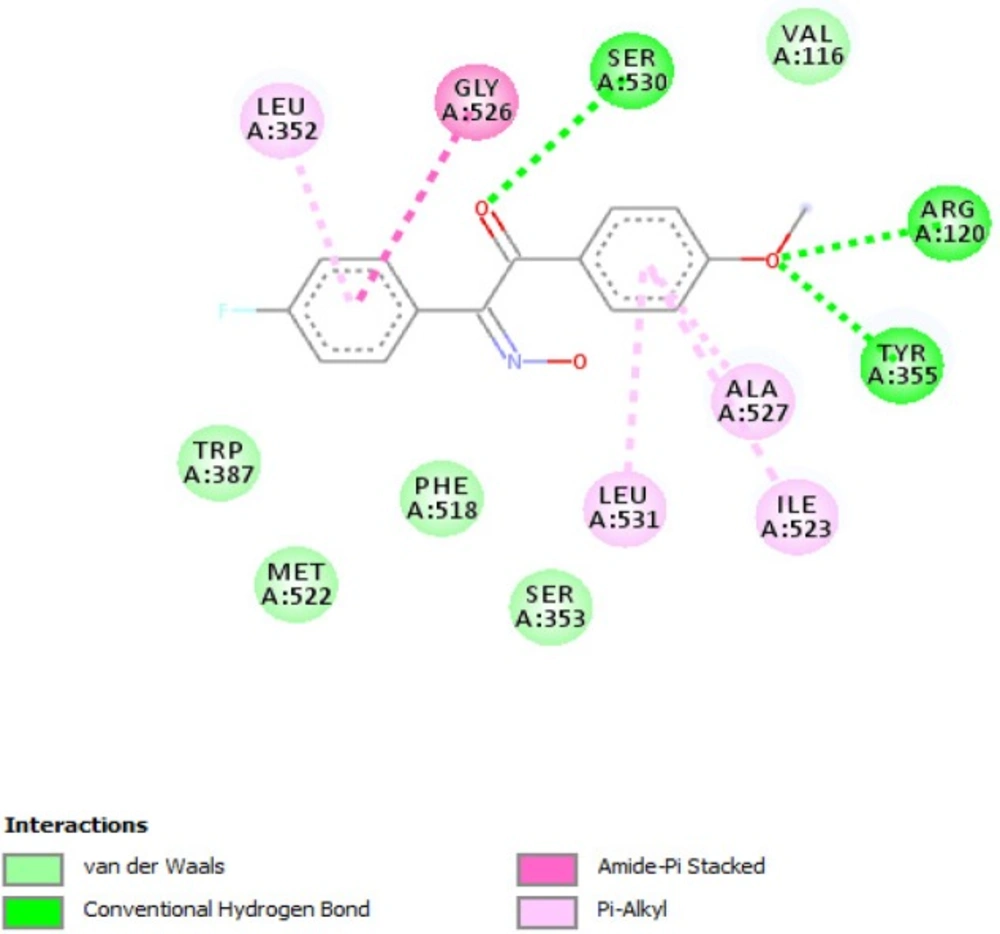 Binding conformation of <b>2b</b> and interacting amino acids in the active site of cyclooxygenase-1
