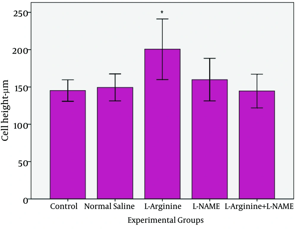 Comparison of cell height of jejunum entrecotes in experimental groups (N=40). The results show that L-Argentine had the most effect on the height of jejunum entrecotes (* p<0.05) Comparison of cell height of jejunum entrecotes in experimental groups (N=40). The results show that L-Argentine had the most effect on the height of jejunum entrecotes (* p<0.05)