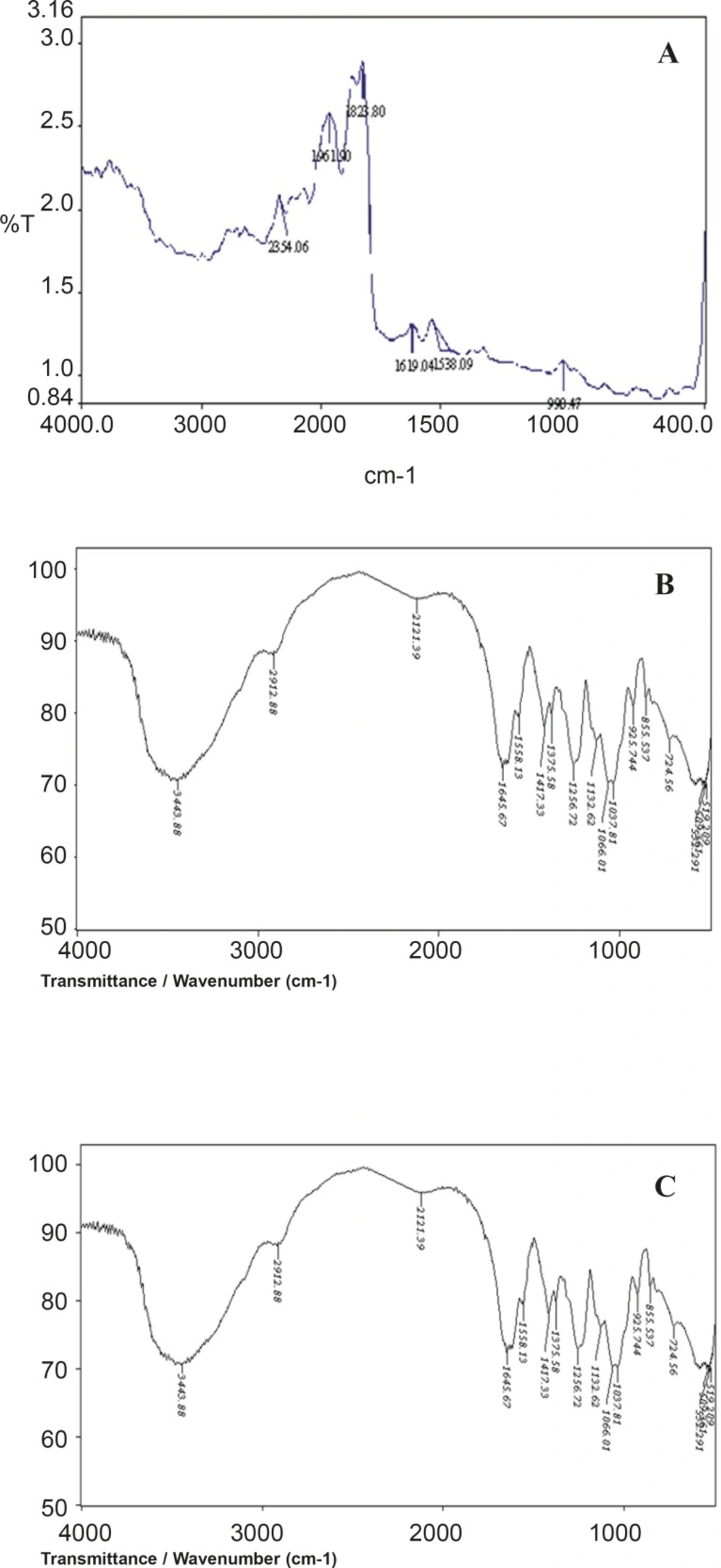 FT-IR graph of Aceclofenac (A), chondroitin sulphate (B) and physical mixture (C)