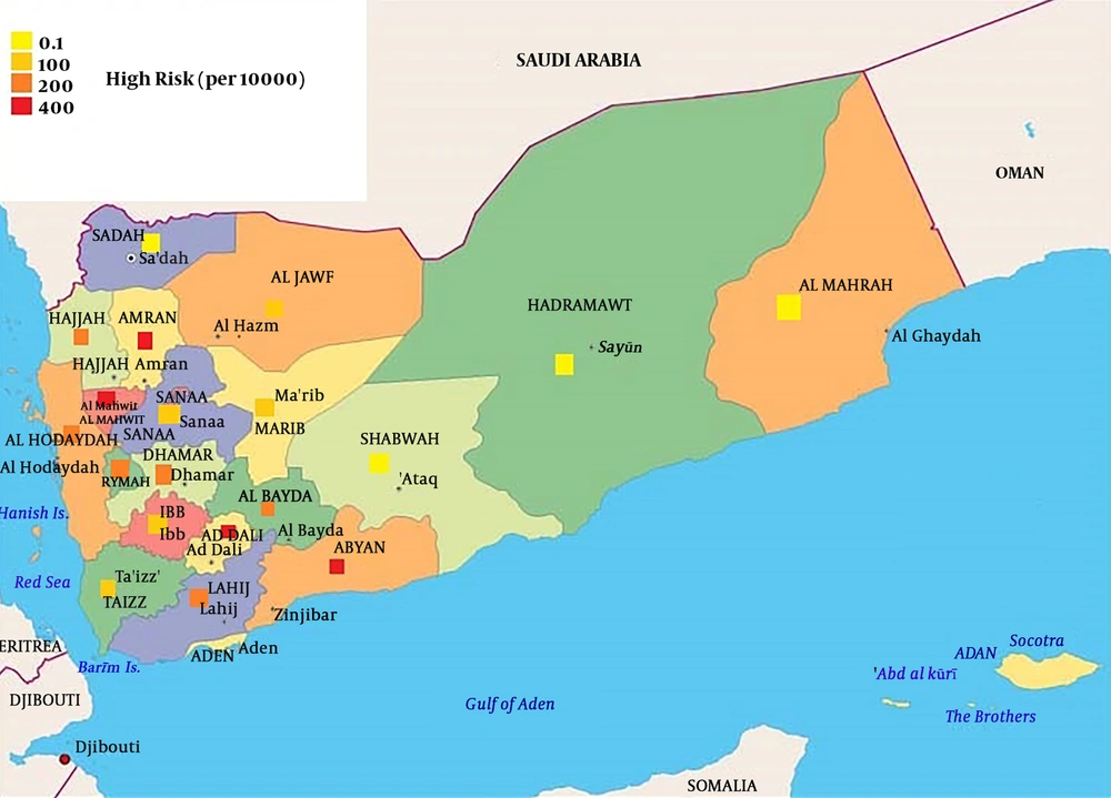 Distribution of various Yemen provinces population in risk of cholera development Distribution of various Yemen provinces population in risk of cholera development