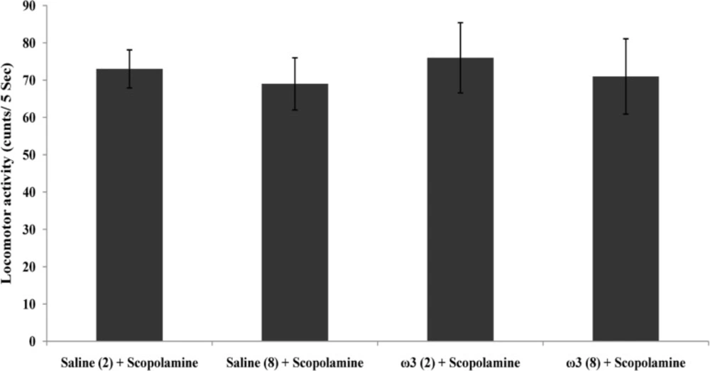 Effect of treatment with scopolamine (2 µ/rat) or omega-3 fatty acids (60 mg/Kg; 2 weeks or 8 weeks) plus scopolamine on the tissue level of Malondialdehyde (MDA). Data are expressed as mean ± SEM in all groups. #p < 0.01 vs. control group of 8 weeks treatment
