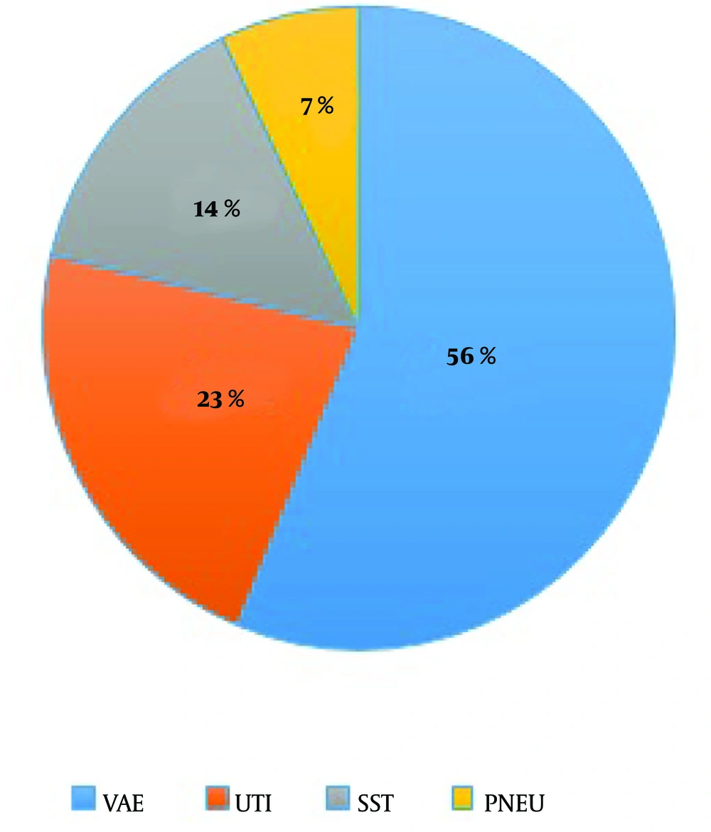 Distribution of hospital-acquired infections in ICUs (Imam Khomeini and Imam Reza Hospitals) Distribution of hospital-acquired infections in ICUs (Imam Khomeini and Imam Reza Hospitals)