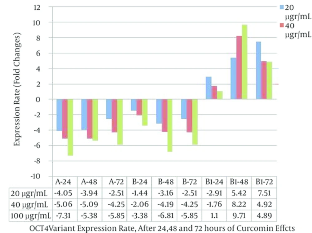 Expressional Profile of OCT4 Variants (A, B and B1), After Curcumin Concentrations (20, 40 and 100 µg/mL) Effects for 24, 48 and 72 hours in AGS cancer cell line Expressional Profile of OCT4 Variants (A, B and B1), After Curcumin Concentrations (20, 40 and 100 µg/mL) Effects for 24, 48 and 72 hours in AGS cancer cell line