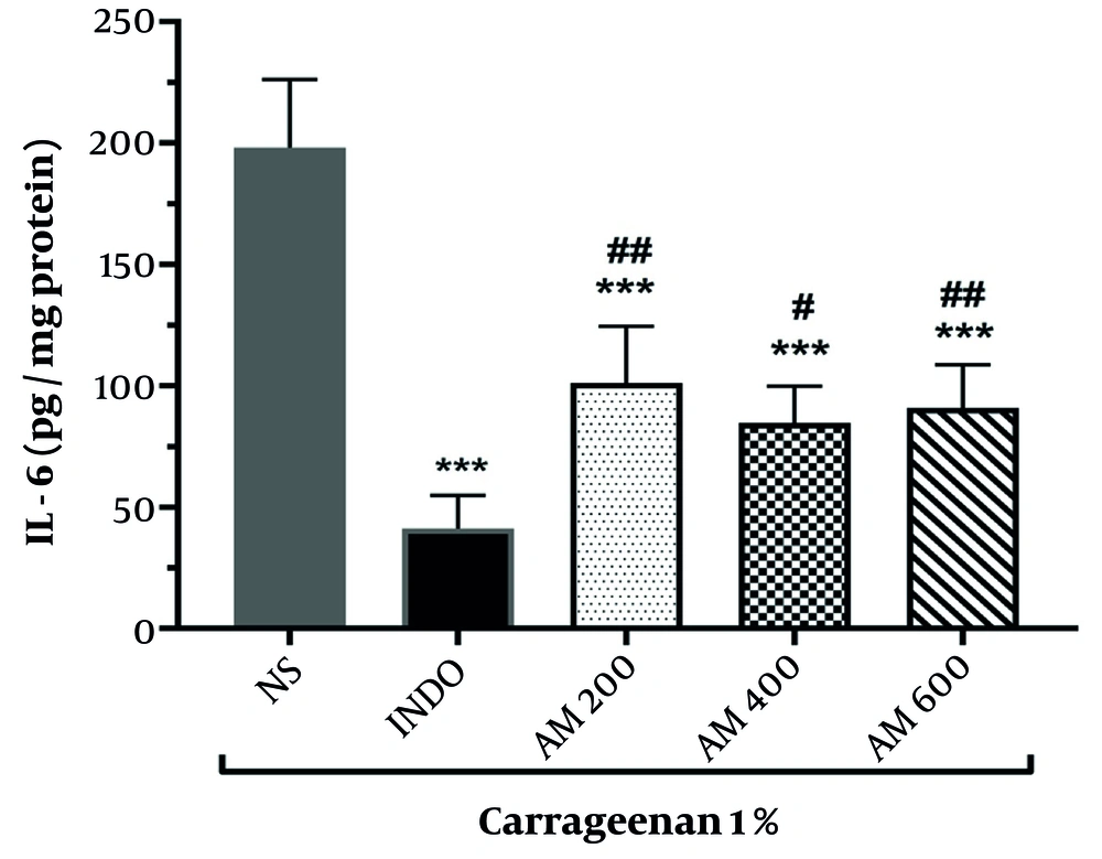 Evaluation of IL-6 levels in rat paw tissue in experimental groups (significant difference compared to the normal saline group; *** P < 0.001; # significant difference compared to the indomethacin group, # P < 0.05 and ## P < 0.01). Evaluation of IL-6 levels in rat paw tissue in experimental groups (significant difference compared to the normal saline group; *** P < 0.001; # significant difference compared to the indomethacin group, # P < 0.05 and ## P < 0.01).