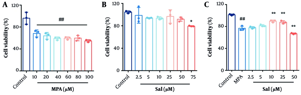 A and B, effects of Schisanhenol (Sal) and mycophenolic acid (MPA) on the viability of Caco-2 cells. Caco-2 cells were treated with different concentrations of MPA (10 - 100 μM) and Sal (2.5 - 75 μM) alone for 24 hours; C, 10 μM MPA was co-treated with different concentrations of Sal (2.5 - 50 μM) for 24 hours. Every group n = 3. * P < 0.05 and ** P < 0.01 significantly different from the MPA group. #, ## P < 0.05 and 0.01 were significantly different compared to the control group. The data are shown as the mean ± SD of n = 3. A and B, effects of Schisanhenol (Sal) and mycophenolic acid (MPA) on the viability of Caco-2 cells. Caco-2 cells were treated with different concentrations of MPA (10 - 100 μM) and Sal (2.5 - 75 μM) alone for 24 hours; C, 10 μM MPA was co-treated with different concentrations of Sal (2.5 - 50 μM) for 24 hours. Every group n = 3. * P < 0.05 and ** P < 0.01 significantly different from the MPA group. #, ## P < 0.05 and 0.01 were significantly different compared to the control group. The data are shown as the mean ± SD of n = 3.