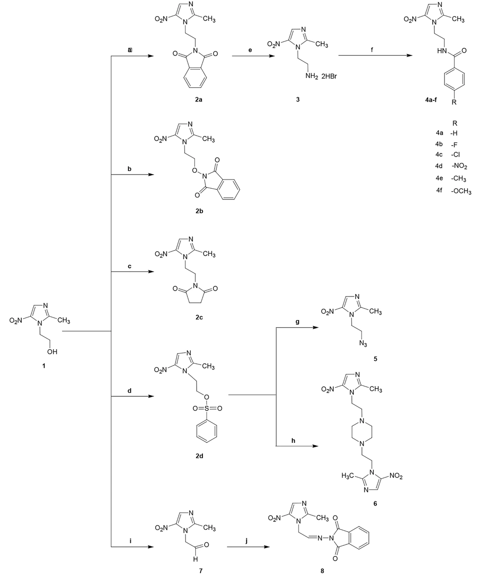 Reagents and conditions: A, Phthalimide, PPh<sub>3</sub>, DIAD, dry THF, Stir at rt; B, Hydroxyphthalimide, PPh<sub>3</sub>, DIAD, dry THF, Stir at rt; C, Succinimide, PPh<sub>3</sub>, DIAD, dry THF, Stir at 0ºC; D, Benzenesulfonyl chloride, dry pyridine, stir at rt; E, HBr, Reflux 16 h; F, Benzoyl chloride derivatives, dry THF, Et<sub>3</sub>N, stir 5 h; G, NaN<sub>3</sub>, Xylene, crown ether, water, Et<sub>3</sub>N, reflux 48 h; H, Piperazine, NaHCO<sub>3</sub>, reflux 24 h; I, Oxalyl chloride, DMSO, Et<sub>3</sub>N, stir at -50ºC; J, N-aminophthalimide, dioxane, acetic acid, reflux. Reagents and conditions: A, Phthalimide, PPh<sub>3</sub>, DIAD, dry THF, Stir at rt; B, Hydroxyphthalimide, PPh<sub>3</sub>, DIAD, dry THF, Stir at rt; C, Succinimide, PPh<sub>3</sub>, DIAD, dry THF, Stir at 0ºC; D, Benzenesulfonyl chloride, dry pyridine, stir at rt; E, HBr, Reflux 16 h; F, Benzoyl chloride derivatives, dry THF, Et<sub>3</sub>N, stir 5 h; G, NaN<sub>3</sub>, Xylene, crown ether, water, Et<sub>3</sub>N, reflux 48 h; H, Piperazine, NaHCO<sub>3</sub>, reflux 24 h; I, Oxalyl chloride, DMSO, Et<sub>3</sub>N, stir at -50ºC; J, N-aminophthalimide, dioxane, acetic acid, reflux.