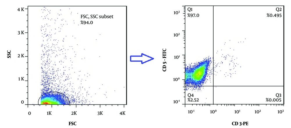 Purity analysis of isolated chronic lymphocytic leukemia (CLL) leukemic cells by flow cytometry; two-color flow cytometry technique using anti-CD5-FITC and anti-CD3-PE antibodies was used to determination the purity of CLL cells isolated by magnetic activated cell sorting method. The purity of isolated leukemic cells (CD5<sup>+</sup>/CD3<sup>-</sup>) was determined to be more than 97% (representative data for a CLL patient is shown). Purity analysis of isolated chronic lymphocytic leukemia (CLL) leukemic cells by flow cytometry; two-color flow cytometry technique using anti-CD5-FITC and anti-CD3-PE antibodies was used to determination the purity of CLL cells isolated by magnetic activated cell sorting method. The purity of isolated leukemic cells (CD5<sup>+</sup>/CD3<sup>-</sup>) was determined to be more than 97% (representative data for a CLL patient is shown).