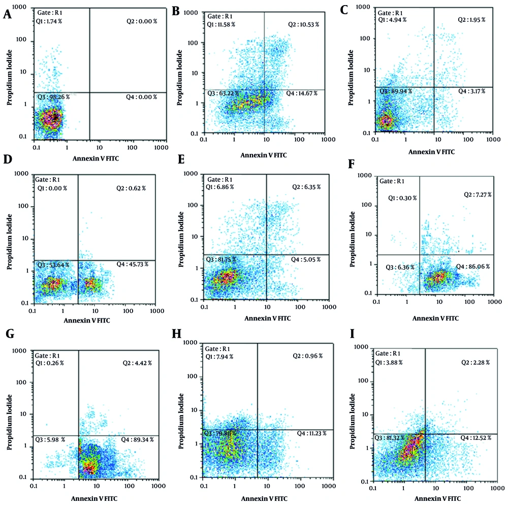 Annexin V-FITC vs. propidium iodide (PI) quantitation of SW cells in control and test groups including: A, non-treated (RPMI as negative control); B, epirubicin (Ep; IC<sub>50</sub> dose); C, Ep (1/5 IC<sub>50</sub> dose); D, etoposide (Et; IC<sub>50</sub> dose); E, Et (1/5 IC<sub>50</sub> dose); F, retinoic acid (RA; IC<sub>50</sub> dose) in combination with Ep (1/5 IC<sub>50</sub> dose); G, RA (IC<sub>50</sub> dose) in combination with Et (1/5 IC<sub>50</sub> dose); H, valproic acid (VA; IC<sub>50</sub> dose) in combination with Ep (1/5 IC<sub>50</sub> dose); and I, VA (IC<sub>50</sub> dose) in combination with Et (1/5 IC<sub>50</sub> dose). Annexin V-FITC vs. propidium iodide (PI) quantitation of SW cells in control and test groups including: A, non-treated (RPMI as negative control); B, epirubicin (Ep; IC<sub>50</sub> dose); C, Ep (1/5 IC<sub>50</sub> dose); D, etoposide (Et; IC<sub>50</sub> dose); E, Et (1/5 IC<sub>50</sub> dose); F, retinoic acid (RA; IC<sub>50</sub> dose) in combination with Ep (1/5 IC<sub>50</sub> dose); G, RA (IC<sub>50</sub> dose) in combination with Et (1/5 IC<sub>50</sub> dose); H, valproic acid (VA; IC<sub>50</sub> dose) in combination with Ep (1/5 IC<sub>50</sub> dose); and I, VA (IC<sub>50</sub> dose) in combination with Et (1/5 IC<sub>50</sub> dose).